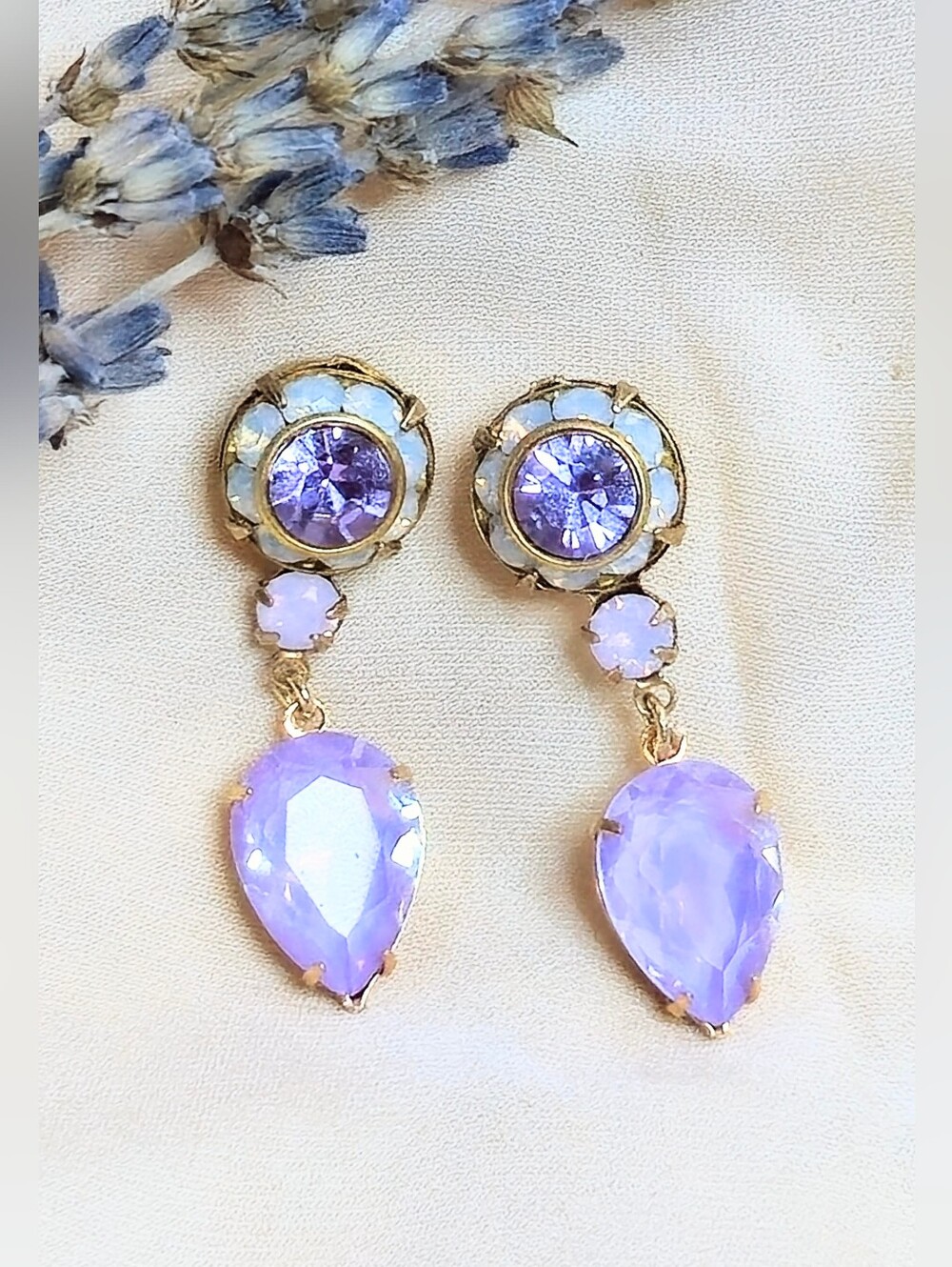 Victorian Serene Lavender Crystal In Feminine Artisan-Made Gold Plated Earrings